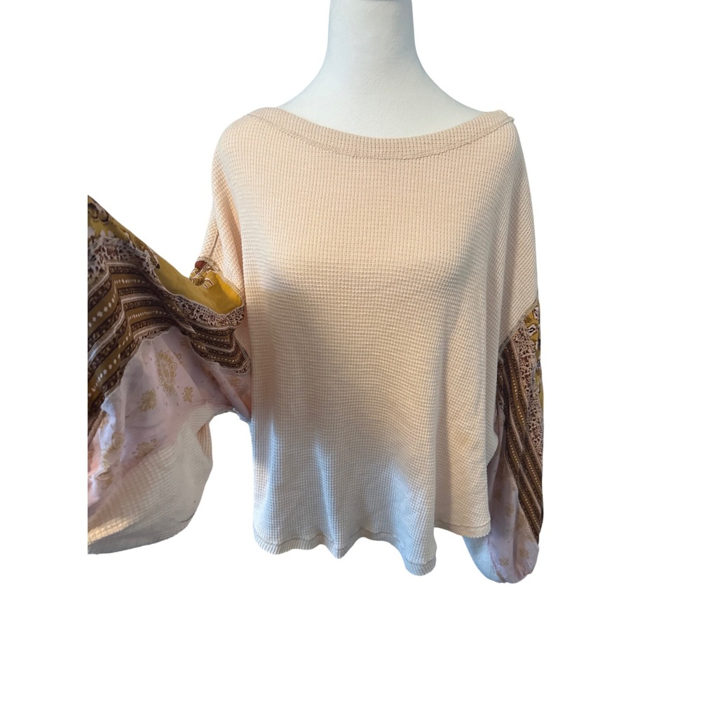 Free People Waffle Knit Thermal Top Peach Mixed Media Paisley Balloon Sleeve M